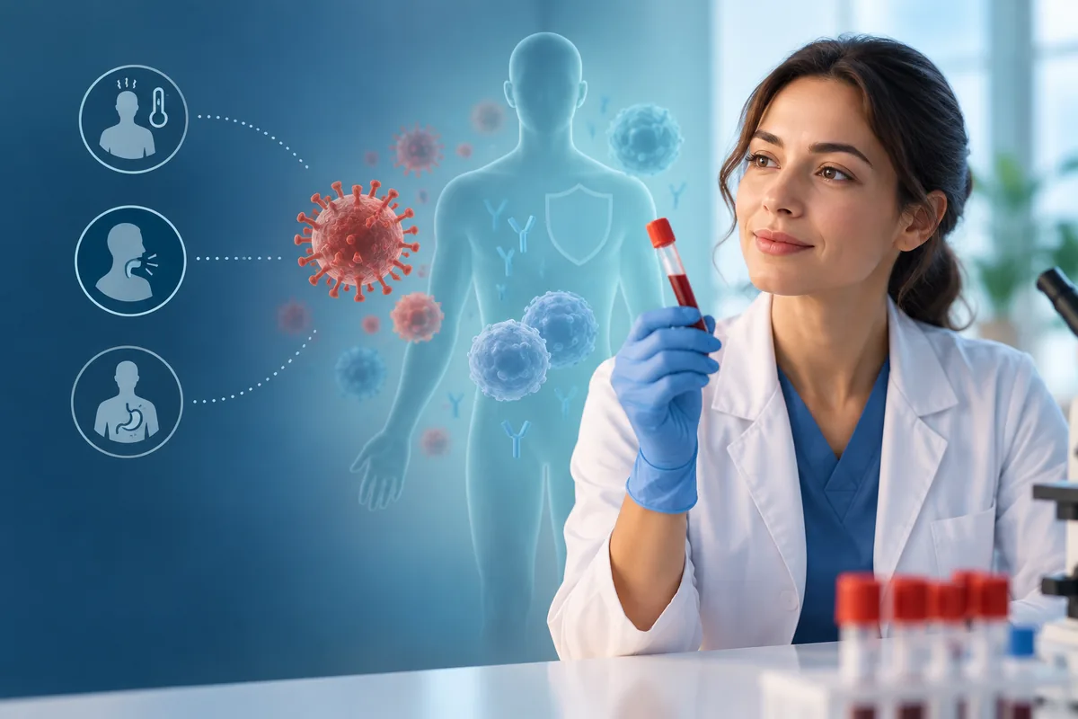 HIV belirtilerinin tanı koydurmadığını ve kan testinin önemini anlatan tıbbi illüstrasyon