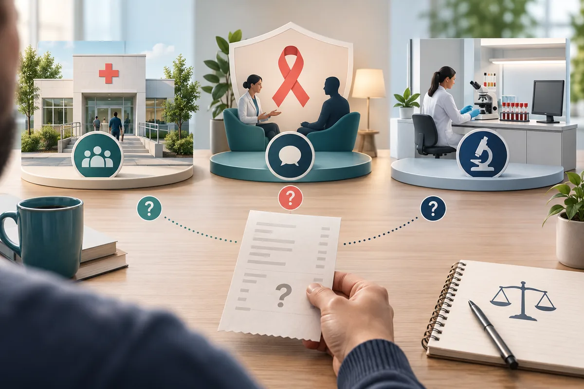 Ücretsiz danışmanlık, kamu sağlık hizmeti ve özel laboratuvar HIV testi seçeneklerini anlatan görsel