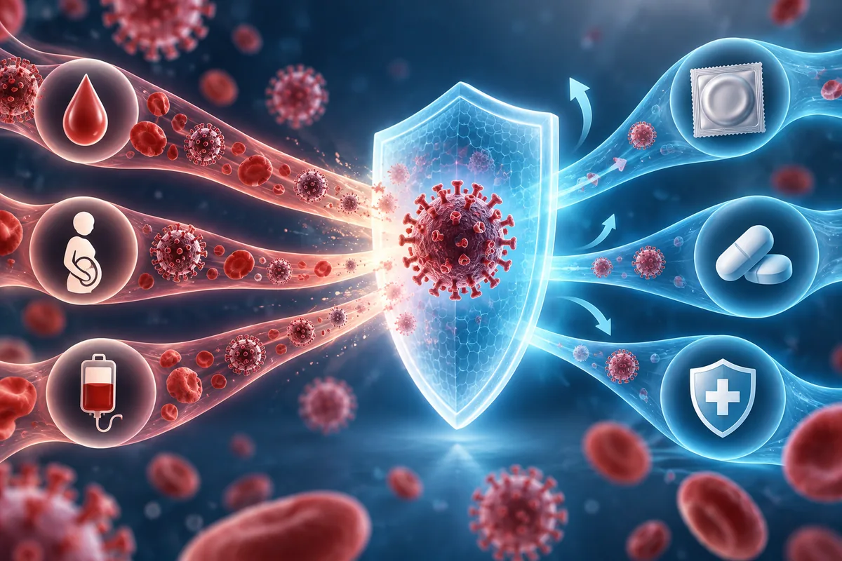 HIV bulaş yolları ile korunma bariyerini anlatan bilimsel illüstrasyon